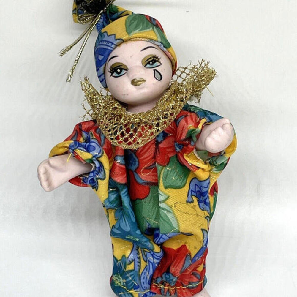 Vintage Pierrot Crying Sad Clown Doll 6" Porcelain Floral‎ Satin Costume